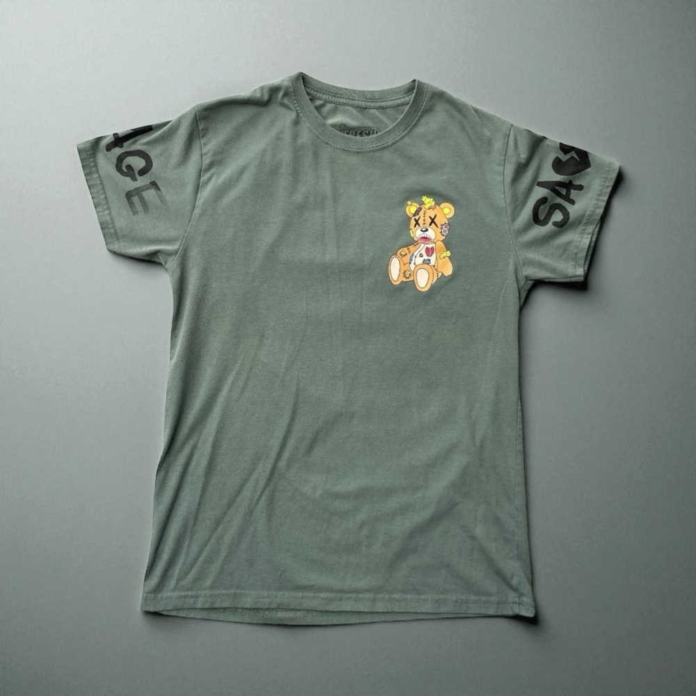 Fresh Laundry T-shirt Sz Med Patched Teddy Bear Savage Green Short Sleeve